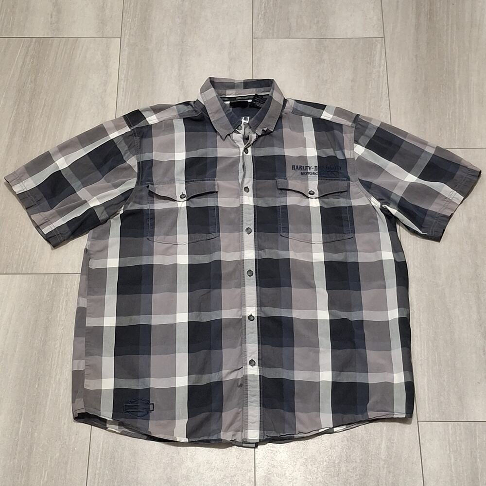 Harley Davidson Button Shirt Mens XL Black Grey Plaid Short Sleeve Garage